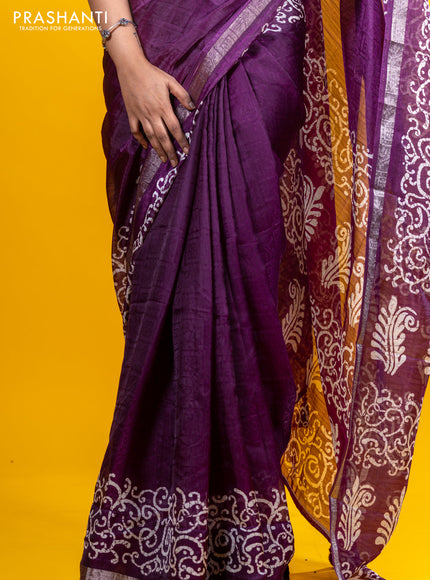 Semi crepe saree wine shade with allover self emboss and batik printed border