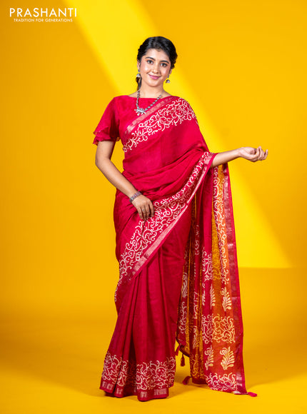 Semi crepe saree tomato pink with allover self emboss and batik printed border