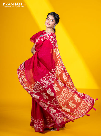 Semi crepe saree tomato pink with allover self emboss and batik printed border