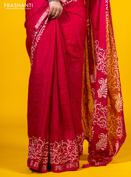 Semi crepe saree tomato pink with allover self emboss and batik printed border