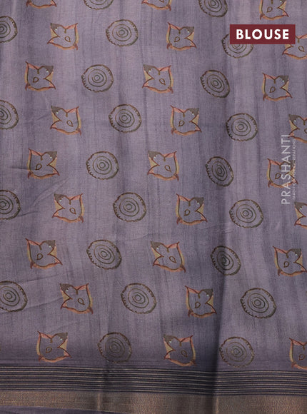 Semi tussar saree grey shade with allover pen kalamkari prints and zari woven border