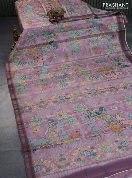 Semi tussar saree mild purple with allover pen kalamkari prints and zari woven border