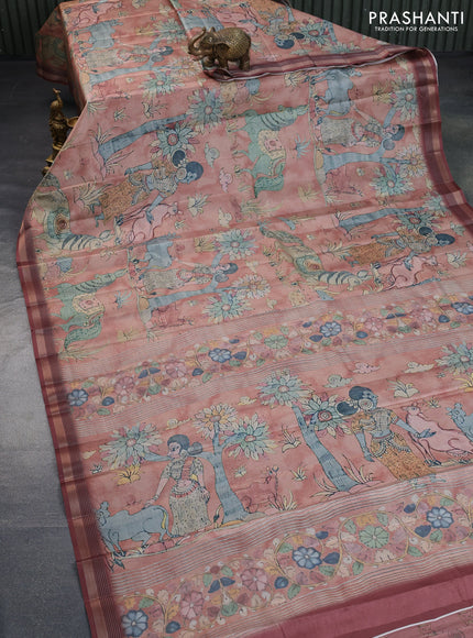 Semi tussar saree pastel brown with allover pen kalamkari prints and zari woven border