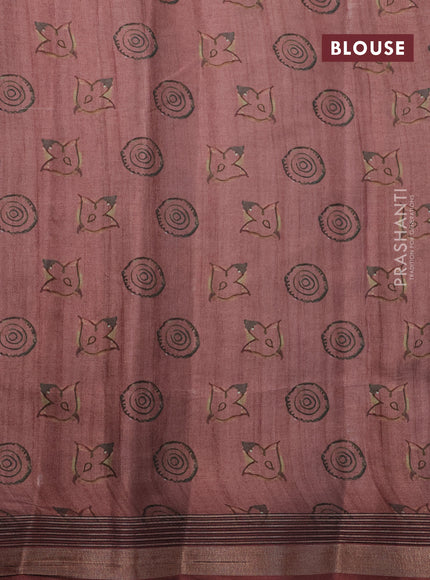 Semi tussar saree pastel brown with allover pen kalamkari prints and zari woven border