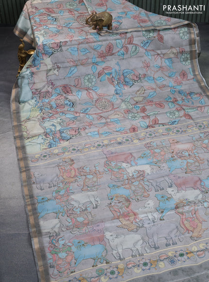 Semi tussar saree pastel grey shade with allover pen kalamkari prints and zari woven border