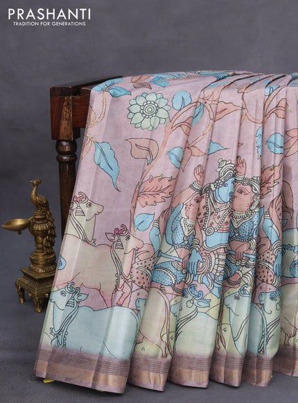 Semi tussar saree pastel pink with allover pen kalamkari prints and zari woven border