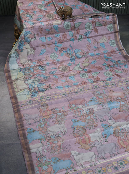 Semi tussar saree pastel pink with allover pen kalamkari prints and zari woven border