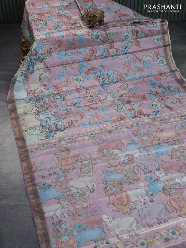 Semi tussar saree pastel pink with allover pen kalamkari prints and zari woven border