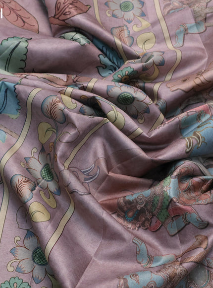 Semi tussar saree pastel pink with allover pen kalamkari prints and zari woven border