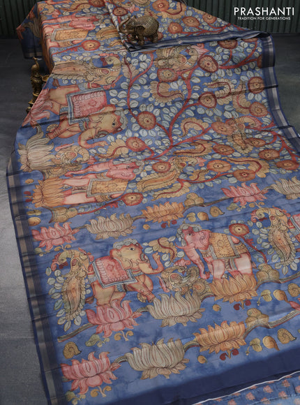 Semi tussar saree blue shade with allover pen kalamkari prints and zari woven border