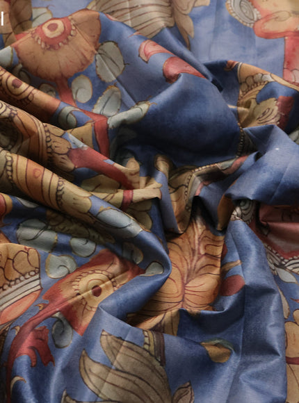 Semi tussar saree blue shade with allover pen kalamkari prints and zari woven border