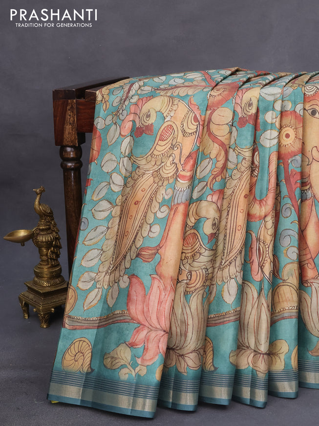 Semi tussar saree pastel green with allover pen kalamkari prints and zari woven border