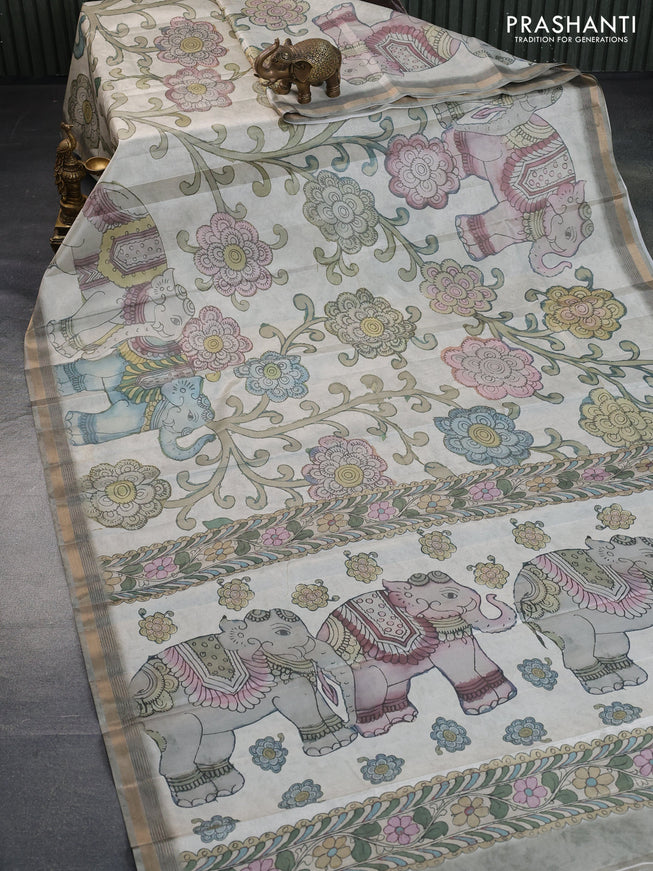 Semi tussar saree cream with allover pen kalamkari prints and zari woven border