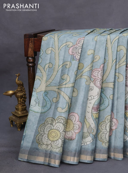 Semi tussar saree pastel blue with allover pen kalamkari prints and zari woven border