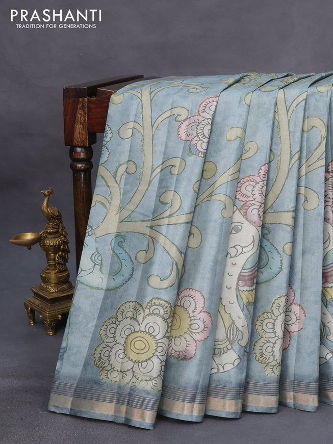 Semi tussar saree pastel blue with allover pen kalamkari prints and zari woven border