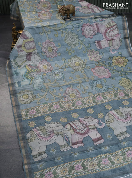 Semi tussar saree pastel blue with allover pen kalamkari prints and zari woven border