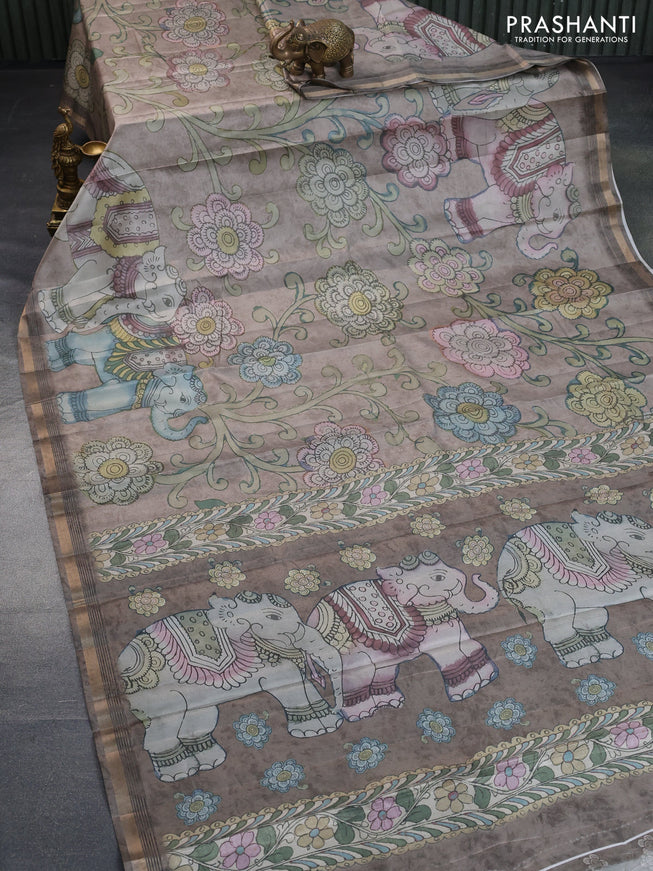 Semi tussar saree grey shade with allover pen kalamkari prints and zari woven border