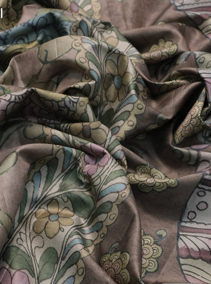 Semi tussar saree grey shade with allover pen kalamkari prints and zari woven border