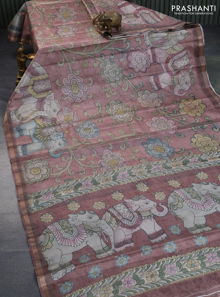 Semi tussar saree pastel brown with allover pen kalamkari prints and zari woven border