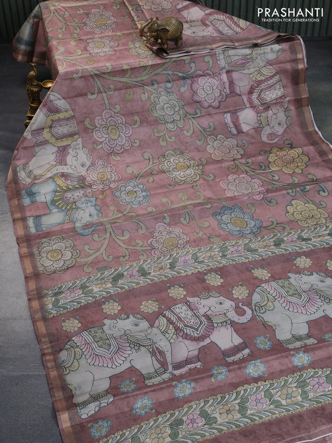 Semi tussar saree pastel brown with allover pen kalamkari prints and zari woven border