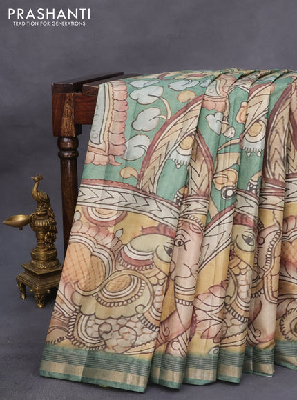 Semi tussar saree green with allover pen kalamkari prints and zari woven border