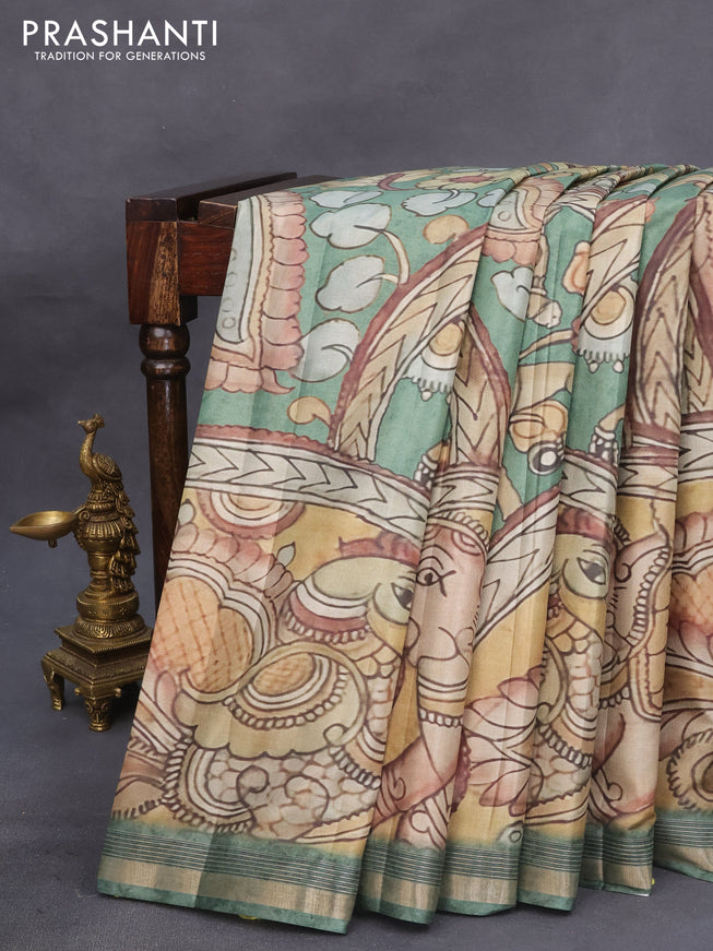 Semi tussar saree green with allover pen kalamkari prints and zari woven border