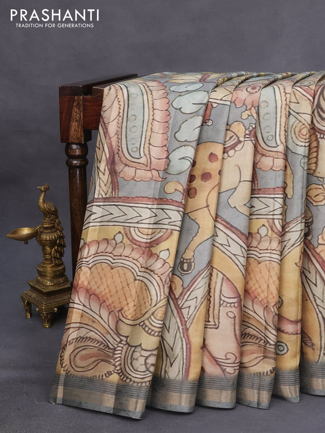 Semi tussar saree grey shade with allover pen kalamkari prints and zari woven border