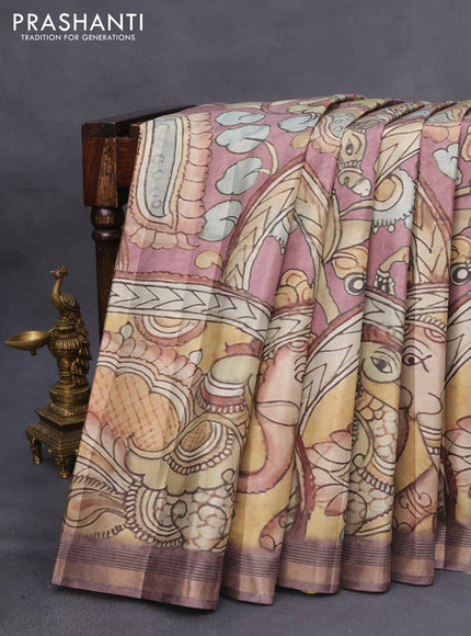 Semi tussar saree rosy brown with allover pen kalamkari prints and zari woven border