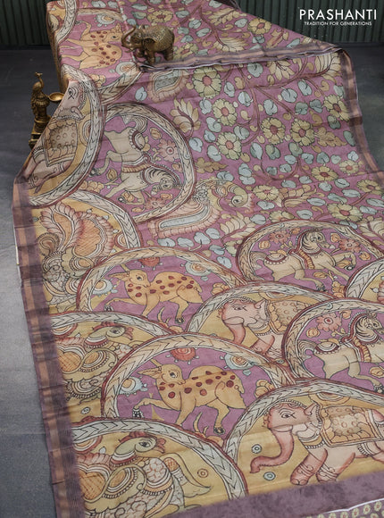 Semi tussar saree rosy brown with allover pen kalamkari prints and zari woven border