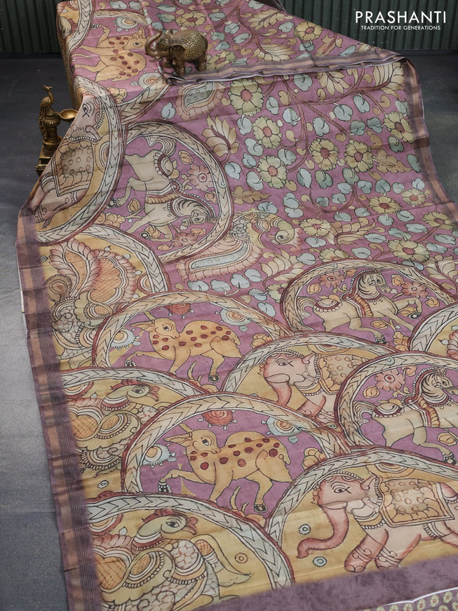 Semi tussar saree rosy brown with allover pen kalamkari prints and zari woven border