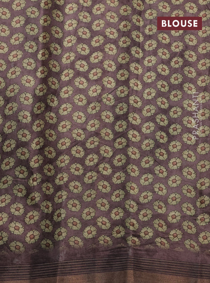 Semi tussar saree rosy brown with allover pen kalamkari prints and zari woven border