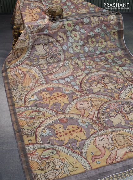 Semi tussar saree pastel brown with allover pen kalamkari prints and zari woven border