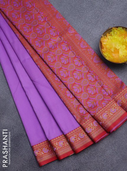 Semi banarasi katan saree lavender shade and red with plain body and zari woven border