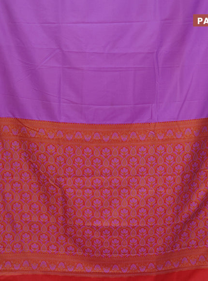 Semi banarasi katan saree lavender shade and red with plain body and zari woven border