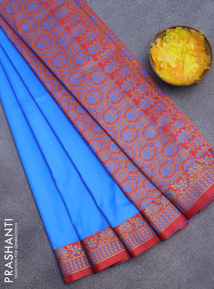 Semi banarasi katan saree cs blue and red with plain body and zari woven border