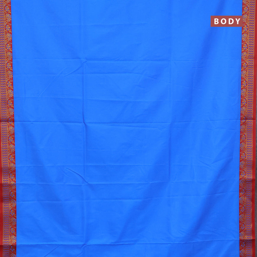 Semi banarasi katan saree cs blue and red with plain body and zari woven border