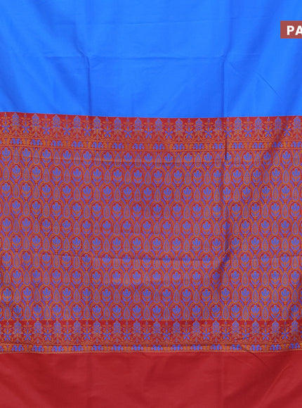 Semi banarasi katan saree cs blue and red with plain body and zari woven border