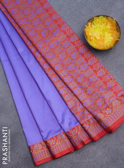 Semi banarasi katan saree lavender shade and red with plain body and zari woven border