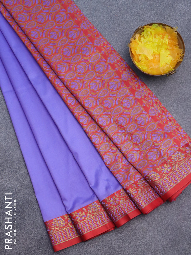 Semi banarasi katan saree lavender shade and red with plain body and zari woven border