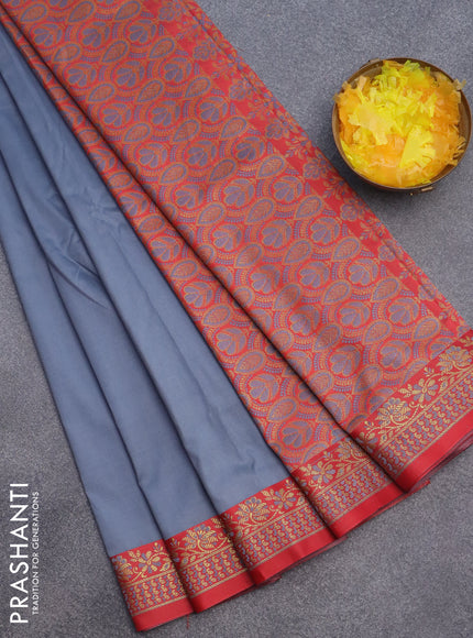 Semi banarasi katan saree grey and red with plain body and zari woven border