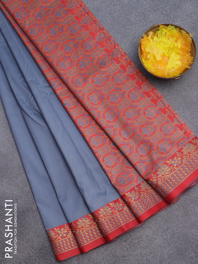 Semi banarasi katan saree grey and red with plain body and zari woven border