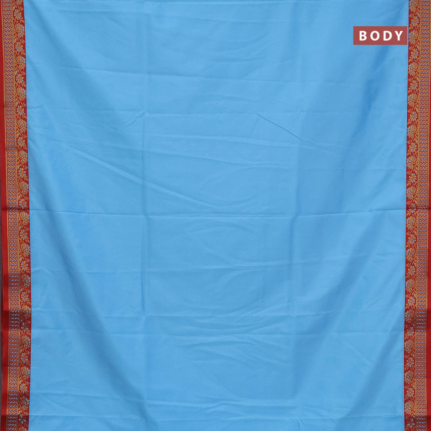 Semi banarasi katan saree light blue and red with plain body and zari woven border