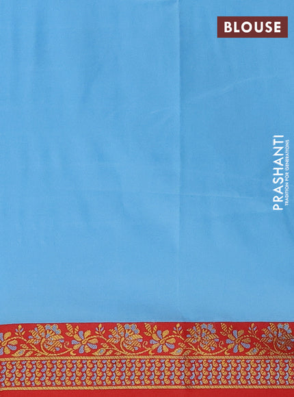 Semi banarasi katan saree light blue and red with plain body and zari woven border