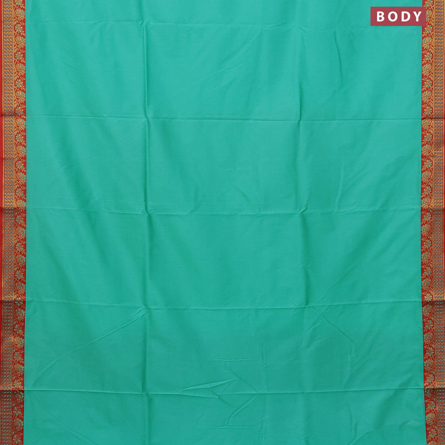 Semi banarasi katan saree teal green and red with plain body and zari woven border