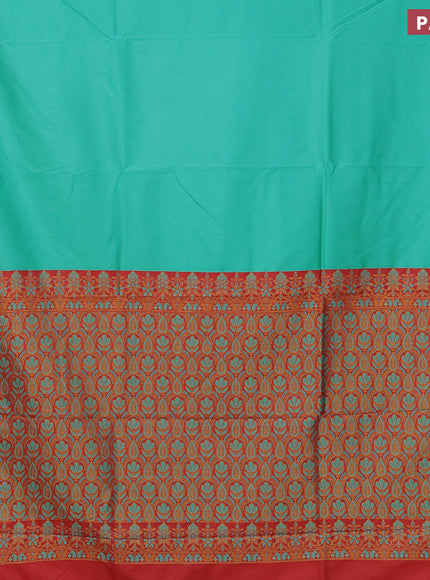 Semi banarasi katan saree teal green and red with plain body and zari woven border