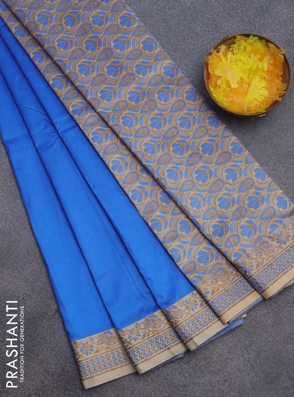 Semi banarasi katan saree cs blue and beige with plain body and zari woven border