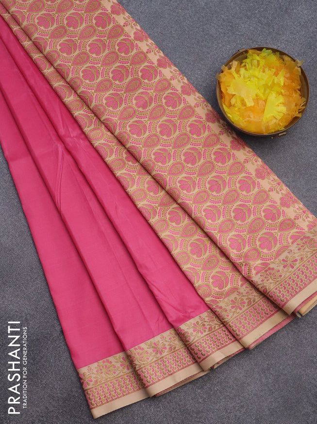 Semi banarasi katan saree pink and sandal with plain body and zari woven border