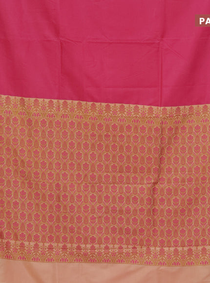 Semi banarasi katan saree pink and sandal with plain body and zari woven border