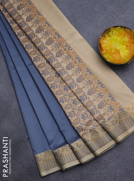 Semi banarasi katan saree grey and beige with plain body and zari woven border