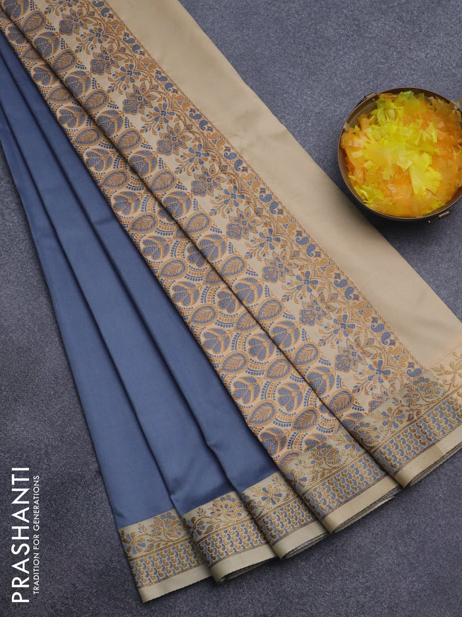 Semi banarasi katan saree grey and beige with plain body and zari woven border